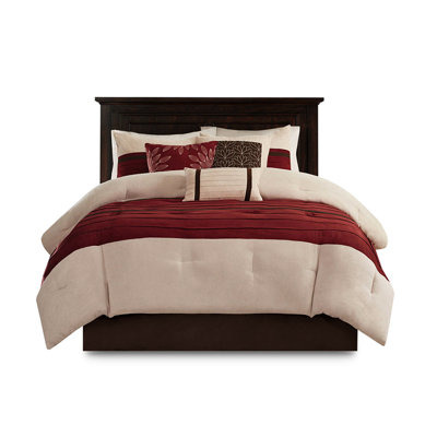 7 Piece Faux Suede Comforter - King Red Soft Touch Decorative Pillows Washable 2 Shams + 3 Bed Skirt Pc Bedding