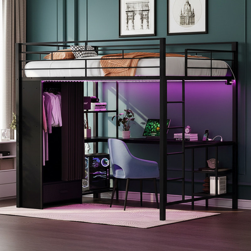 Metal Loft Bed With Desk, Built-In Wardrobes,Led Light,Charging Sockets And Ladder, Queen