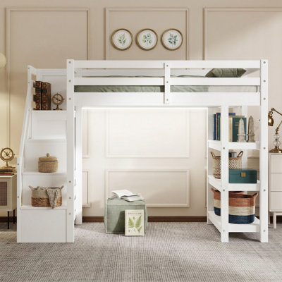 95.8" Twin/Full Wood Loft Bed with Wardrobe, Storage Stairs & LED Light - White