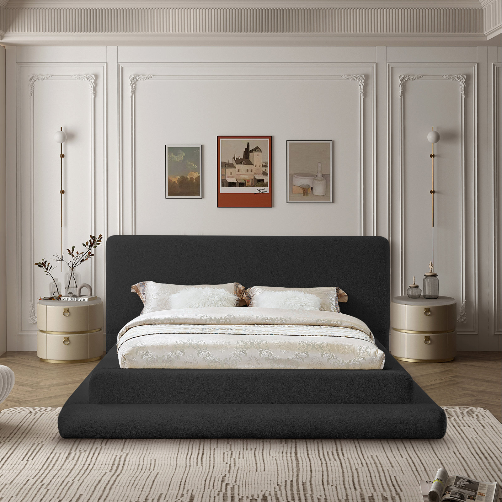 Hoffarth Upholstered Bed, Queen, Black Faux Shearling Teddy Fabric