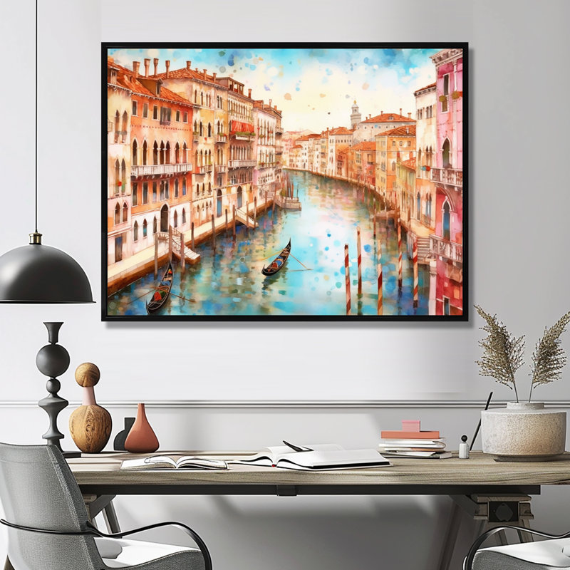 Gondole sur grand canal, Venise, aquarelle - art mural de Venise, Cadre flottant noir, H 12 po x l 20 po