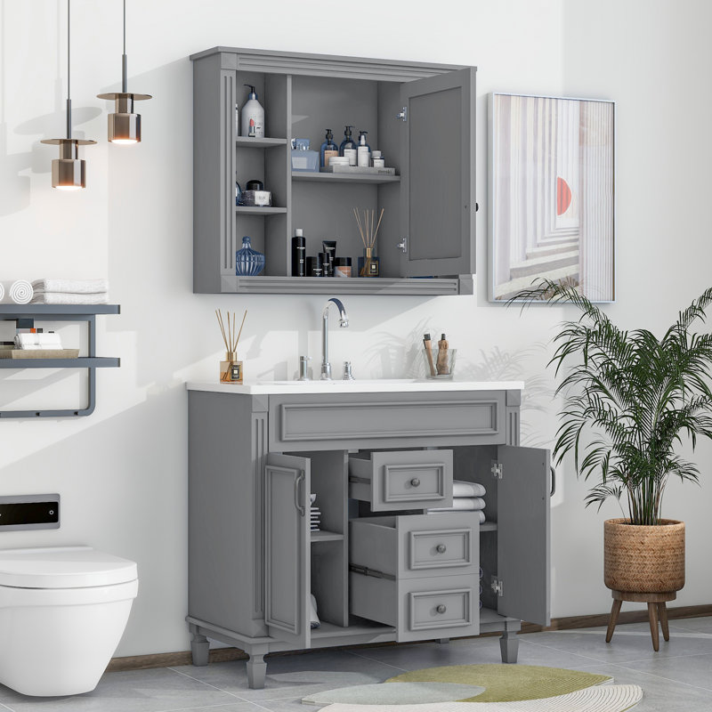 Ensemble de meuble-lavabo simple 35,1 po avec plateau en résine et miroir Deantwon, Gris