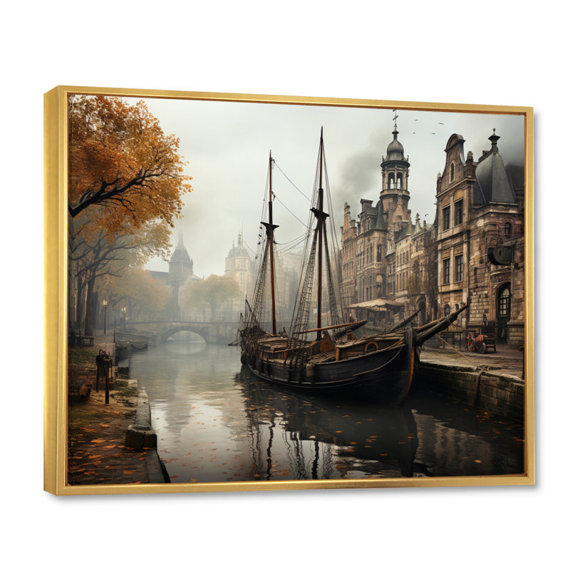Beige canal rétro - sépia, H 12 po x l 20 po x P 1 po, Cadre flottant doré