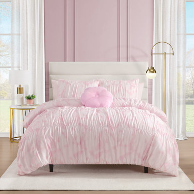 Dreamy Floral Boho Pink Embellished Girl's Soft Comforter Set 4-Piece - Full