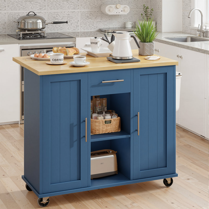Chariot roulant pour îlot de cuisine avec plateau de boucher - Poste de travail portatif avec tablettes de rangement et roulettes verrouillables