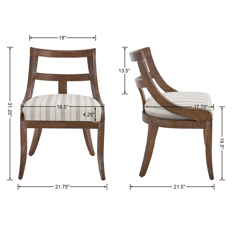 Solid Wood Upholstered Dining Chairs, Linen Gray Striped, Brown