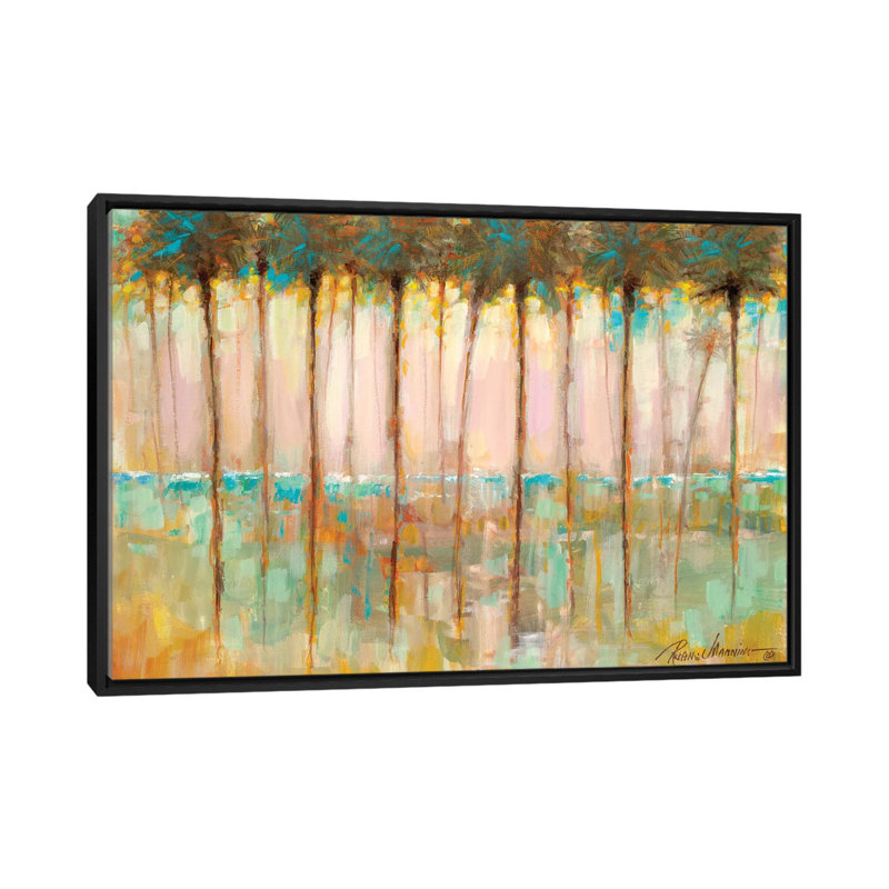 Palms at Dusk par Ruane Manning - reproduction d'art, H 18 po x l 26 po x P 1,5 po, Toile avec cadre noir, Aucun mat