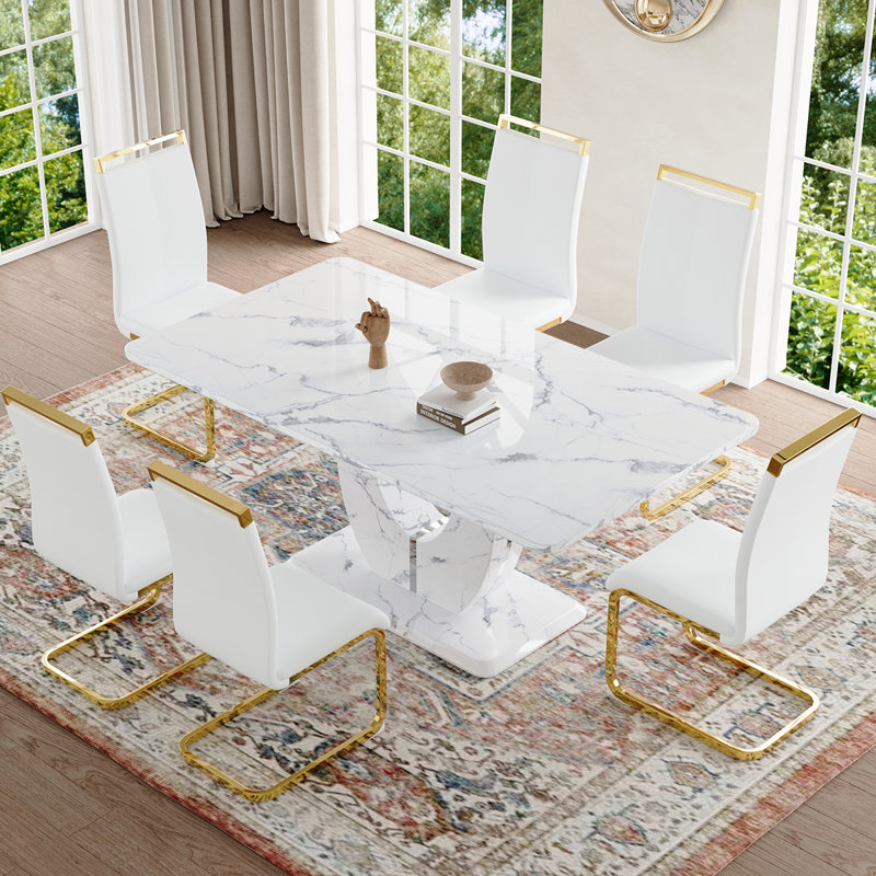 Dining Table Set, Black/Silver, White Marble, 7 pieces