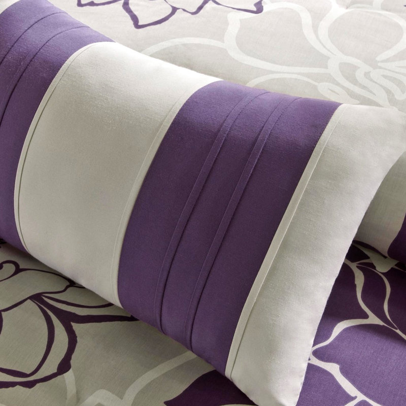 Édredon imprimé en coton simple / simple TG - gris taupe / mauve avec coussins décoratifs hexagonaux