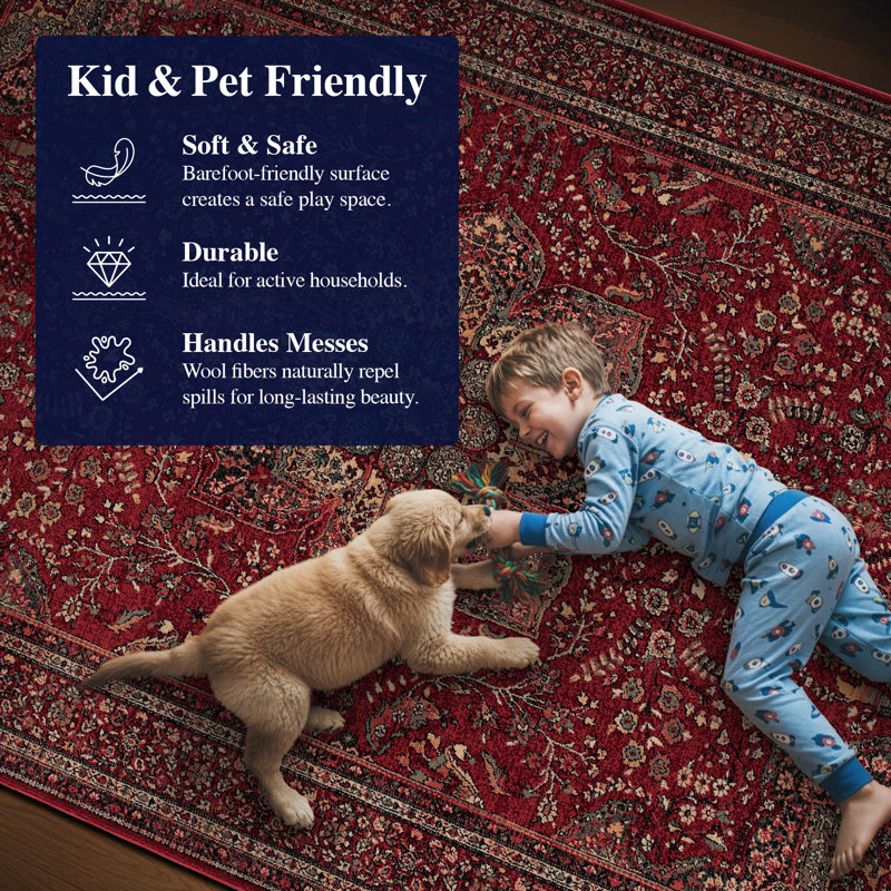 Tapis oriental en laine à franges rouges Doughman, Rectangle 5 pi 3 po x 7 pi 9 po