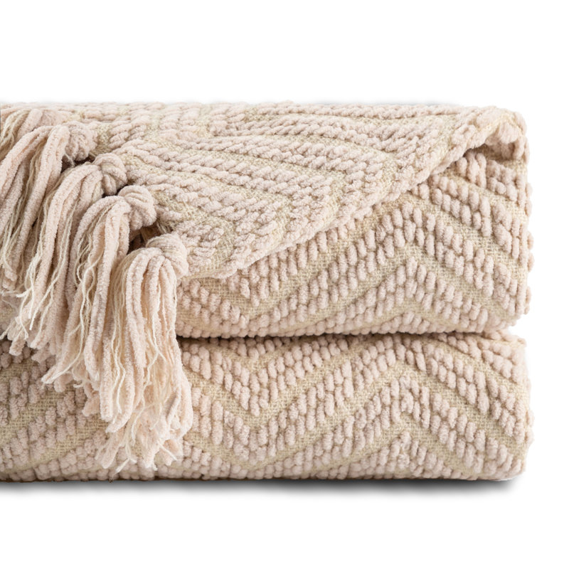 Beige Chunky Knit Chenille Throw Blanket with Tassels