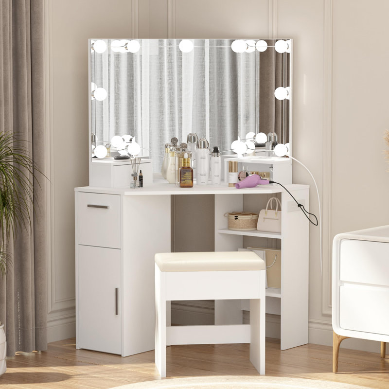 Bureau de coiffeuse avec miroir et lumières, ensemble de coiffeuse de coin avec miroir à 3 panneaux, prises de courant et tabouret rembourré, 3 modes de couleur, petite coiffeuse d'angle, blanc