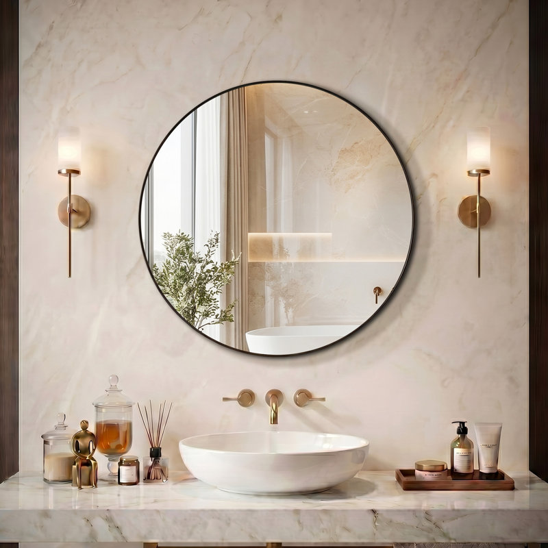 Miroir mural rond en aluminium, miroir circulaire moderne pour meuble-lavabo, entrée, salon, 16,69 po x 16,69 po, Noir