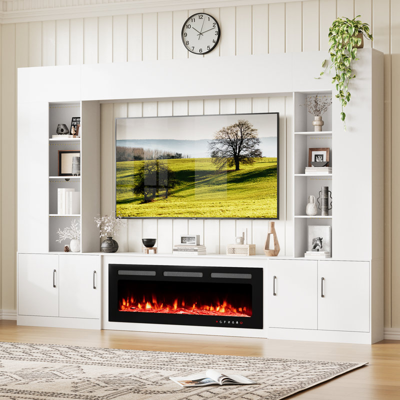 Meuble audio-vidéo 112 po avec foyer et lumières DEL, Blanc