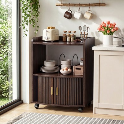 Rolling Coffee Bar Cabinet with Power Outlet, Mobile Kitchen Cart with Sliding Tambour Doors and Storage Shelves (23.62" W )