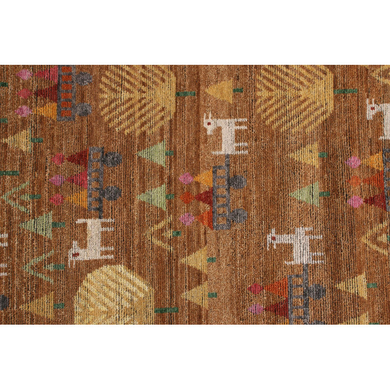 Rug & Kilim’S Scandinavian Folk Art Rug In Brown With Geometric Pictorials, Rectangle 4' x 5'