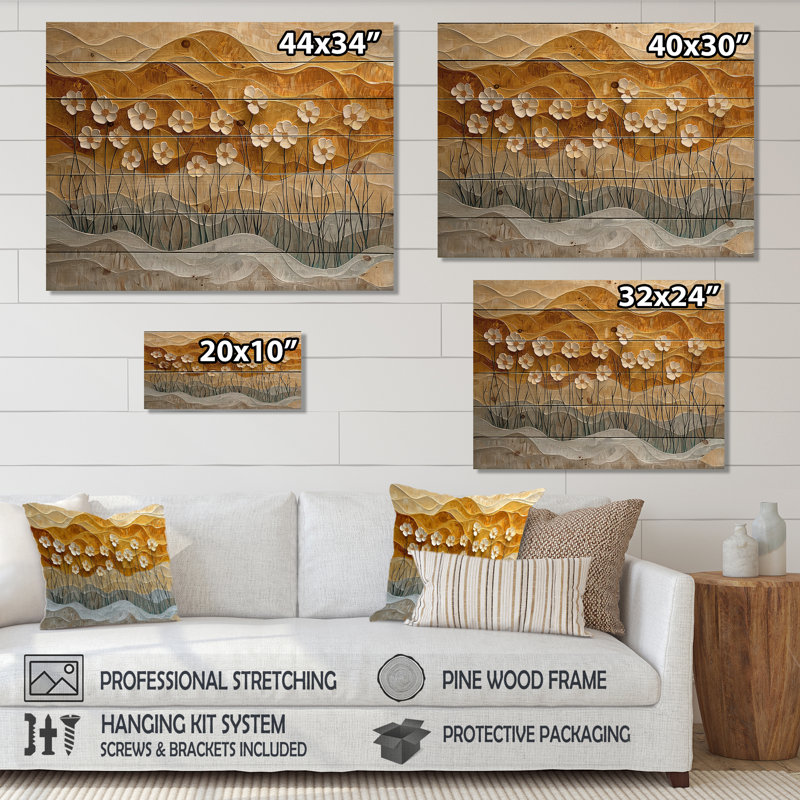 Désert, fleur de bleuet I - Art mural en bois sur bois de pin naturel, H 10 po x l 20 po x P 0,78 po