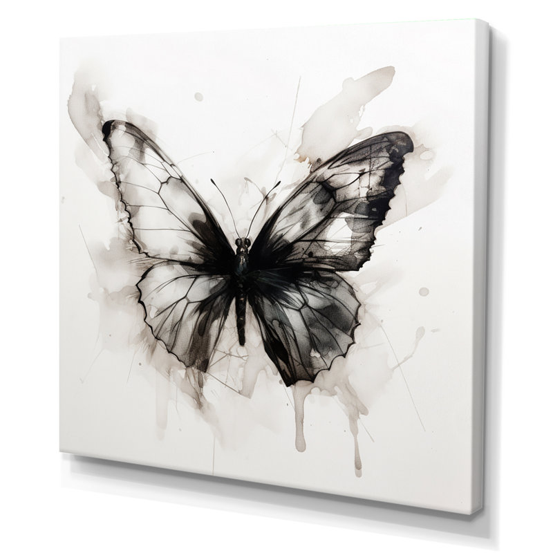 Papillon, aquarelle noir et blanc I, H 16 po x l 16 po x P 1 po, Toile tendue