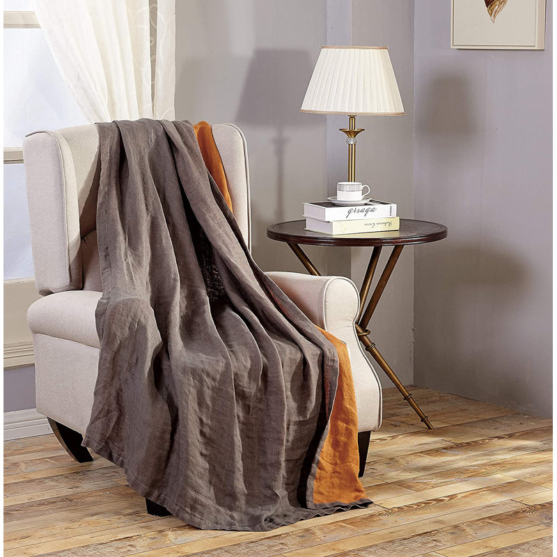 Brussels Belgian Flax Linen Woven Throw, Gray/Orange