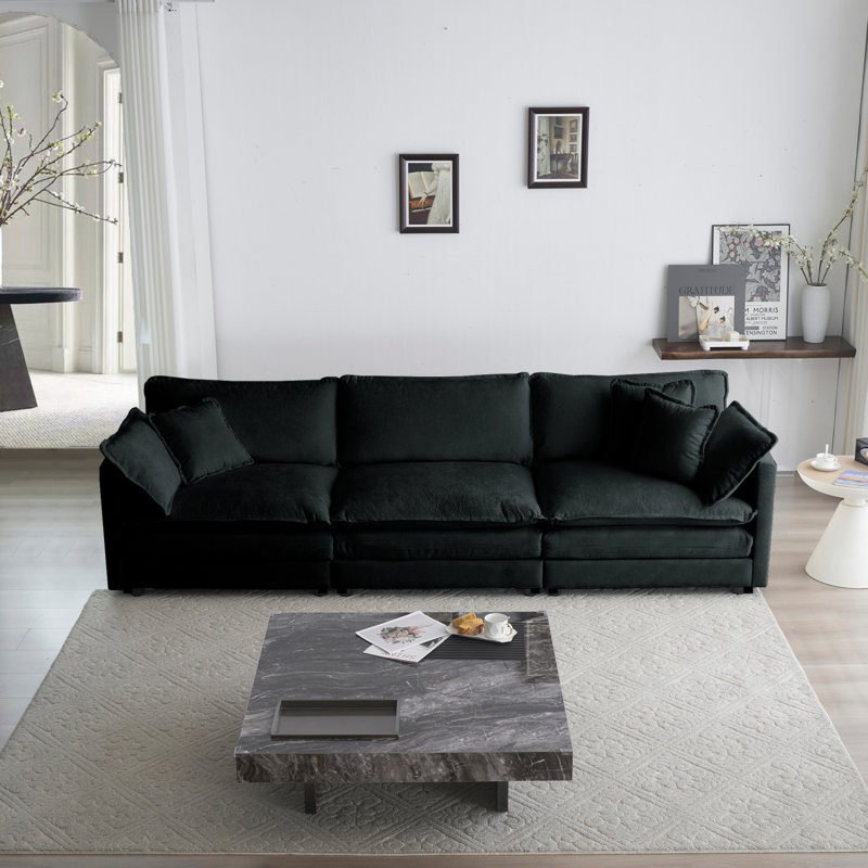 Modular 4-Seater Sofa with Chenille Fabric Upholstery with a Fixed Arm and Solid Wood Frame, Black, 33" H x 111.5" W x 35" D