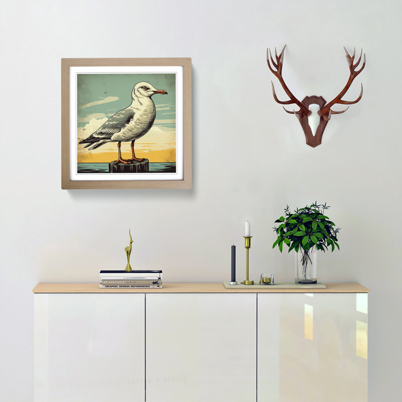Seagull Retro No.1 - Single Picture Frame Print on Wood, Oak