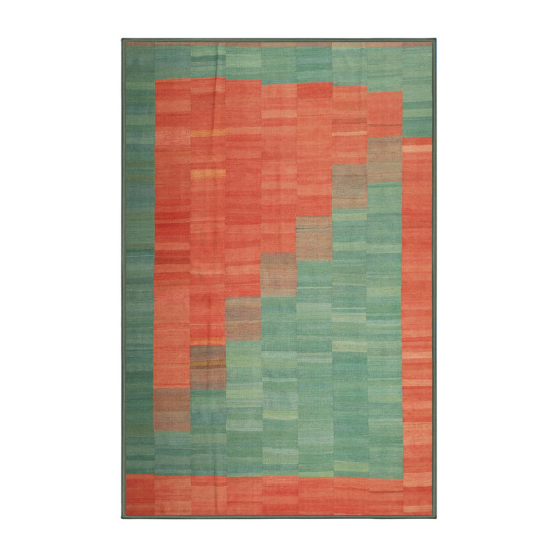 Tapis de zone verte/orange contemporaine, Rectangle 3 pi x 5 pi