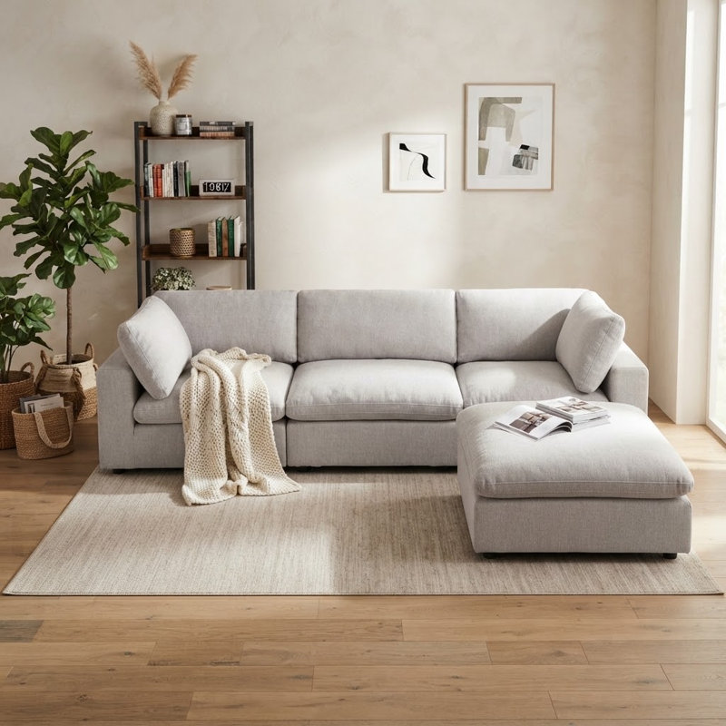 Nuccio 4-Piece Minimalist Modern Soft-Upholstered Sectional With Ottoman, Light Gray Chenille
