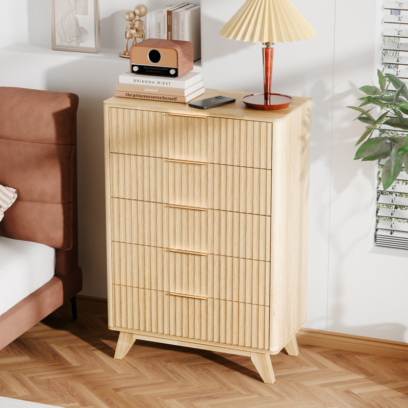 Oak Color 5-Drawer Storage Cabinet Gridded And Lattice Drawers