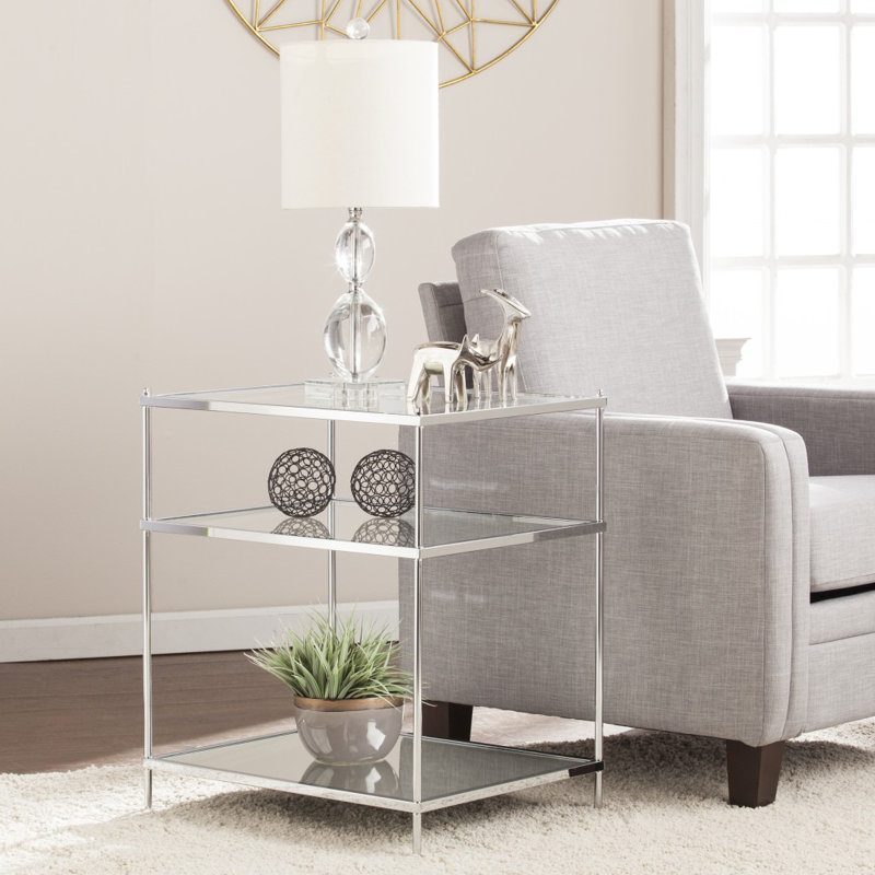 Table de bout avec tablette en miroir 27 po Imelida, Argent argent