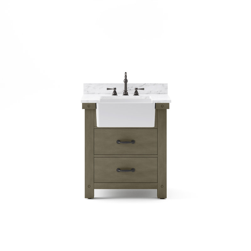 Paisley 30 In. Single Sink Carrara White Marble Countertop Vanity In Rustic Sienna With Mirror, Mirror Included