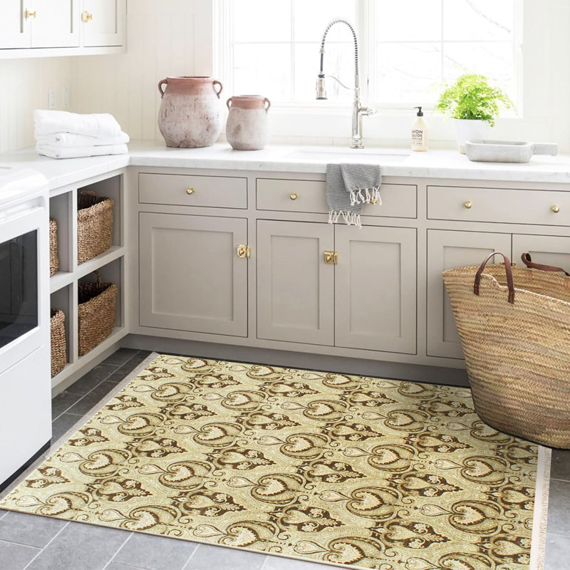 Tapis décoratif à motif floral beige à motif floral de la collection Barcelona, Tapis de couloir 3 pi 3,37 po x 6 pi 6,74 po