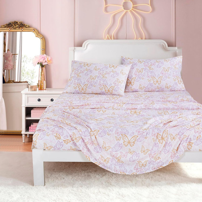 Fun Kids Teens Microfiber Sheet Set, Twin XL Sheet Set with 1 Pillowcase, Multicolor Butterfly