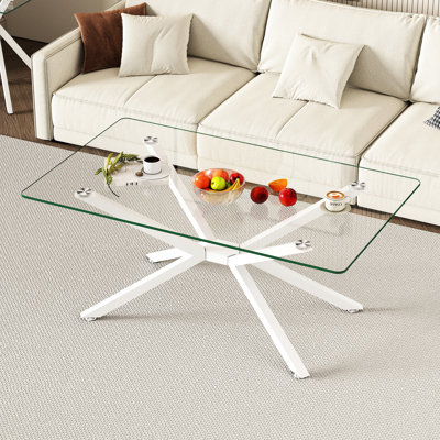 Table basse de 39,37 po en verre transparent rectangulaire, design élégant avec pieds en métal blanc, table basse de salon