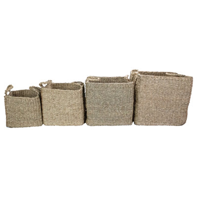 Set Of 4 Rustic Beige Square Wicker Table And Floor Baskets
