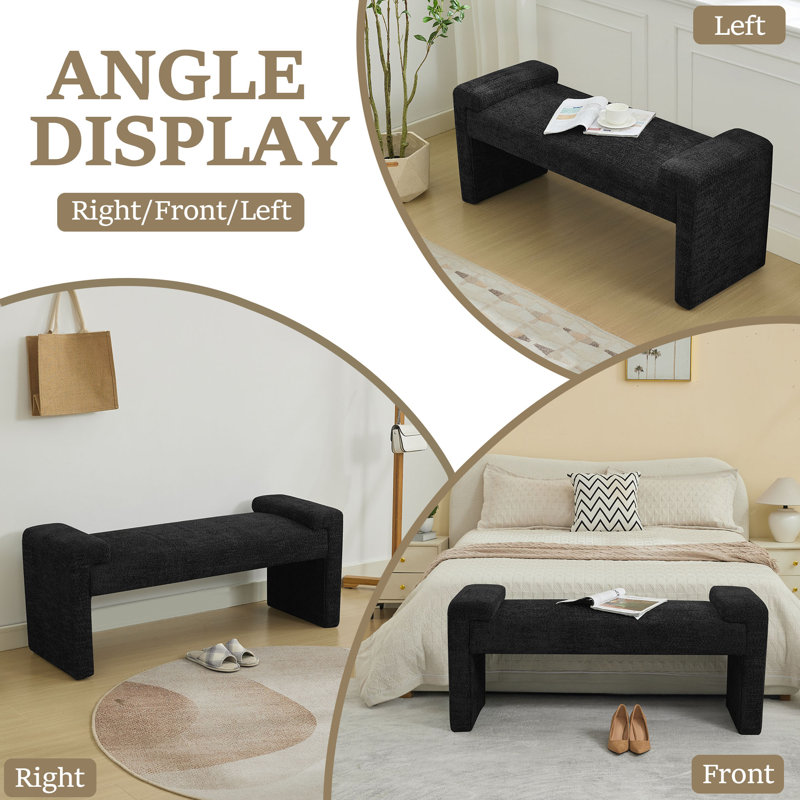43.3" W Upholstered Bedroom Bench, Black Sherpa, 19.6" H x 43.3" W x 17.3" D