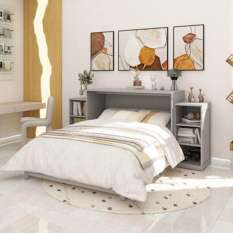 Lit escamotable double avec tiroirs et tablettes de rangement spacieux. Idéal pour les chambres d'amis ou les chambres compactes. Gris