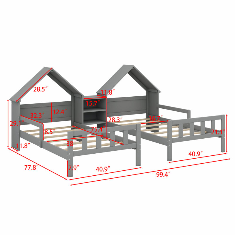 Double Platform Bed With House-Shaped Headboard And A Built-In Nightstand, Grey