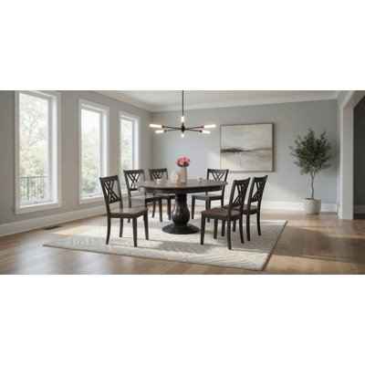  Lafoe 7-Piece Round Solid Wood Extendable Dining Set In Grey With A Gear Driven 18" Takeout Leaf (seats 4-6 people)