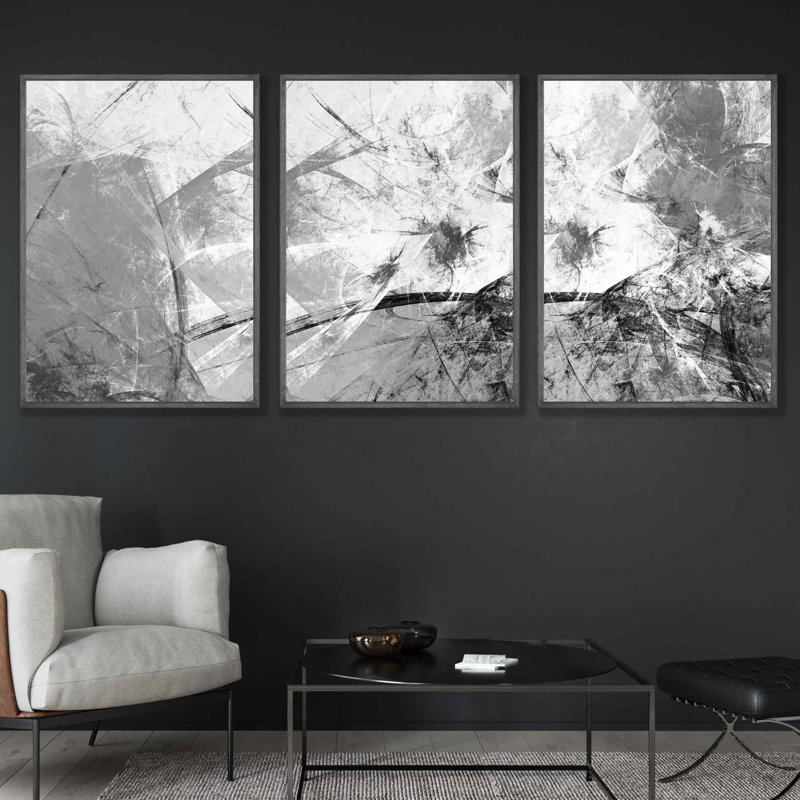 Fractured Moonlight - 3 Piece Single Picture Frame Print Set, 73cm H x 53cm W , Grey Framed