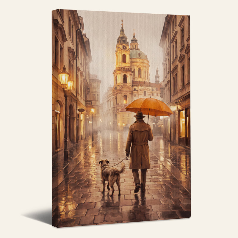 «Man Walking Dog with Orange Umbrella in Rainy City», art mural sur toile, H 48 po x l 32 po