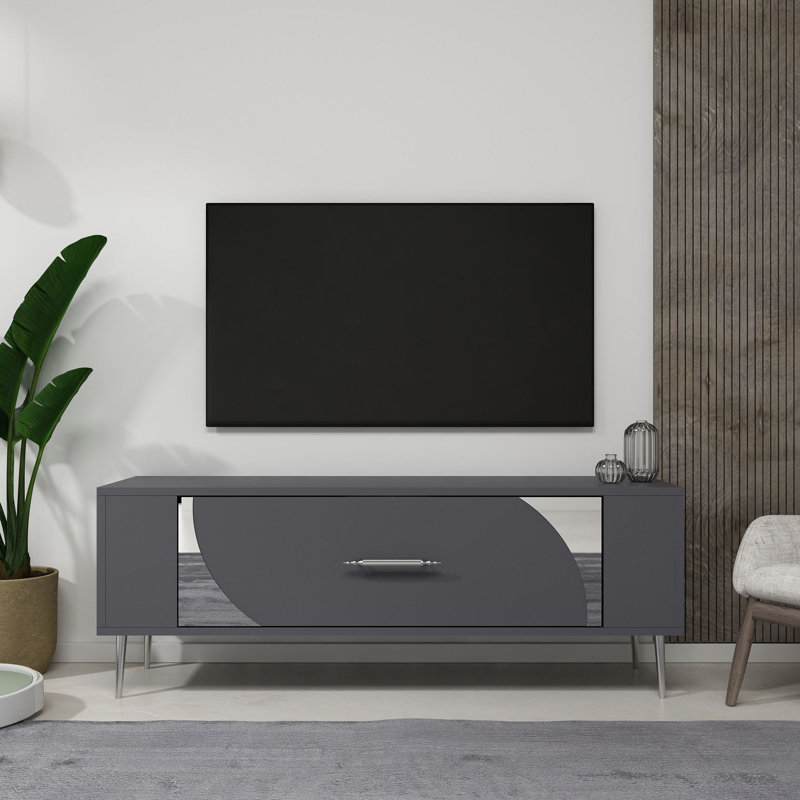 Meuble télé moderne avec option de fixation murale, anthracite et argenté, Catena, 47,2 x 19,0 x 10,4 pouces | Panneau de particules enduit 100% mélamine, tablette fixe: 34,1 po x 11,4 po, élégante et fonctionnelle pour le salon et les espaces de divertissement