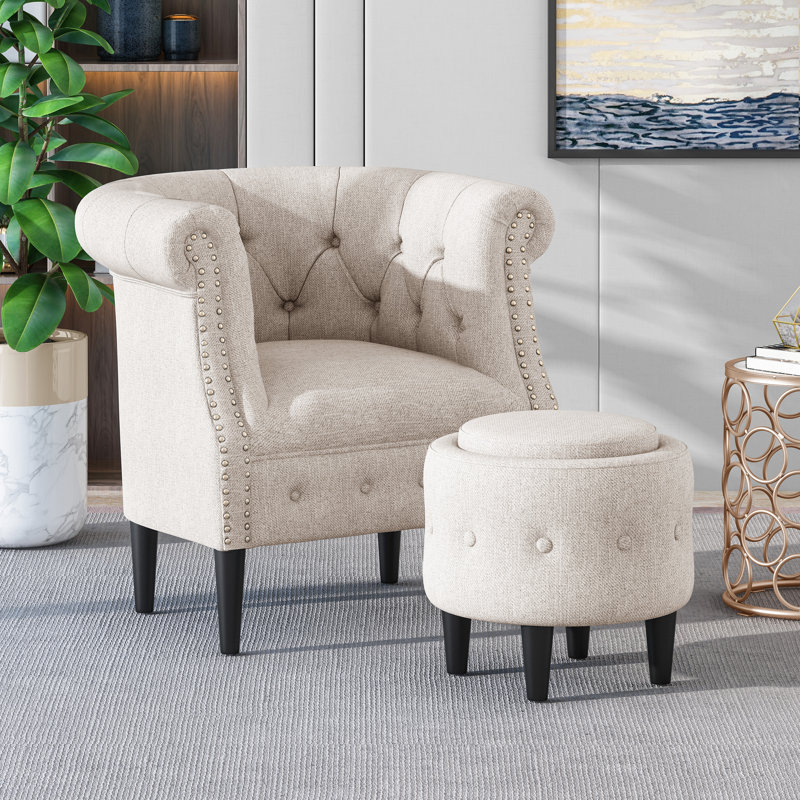 Starks Upholstered Chesterfield Chair with Ottoman, Light Blush Polyester