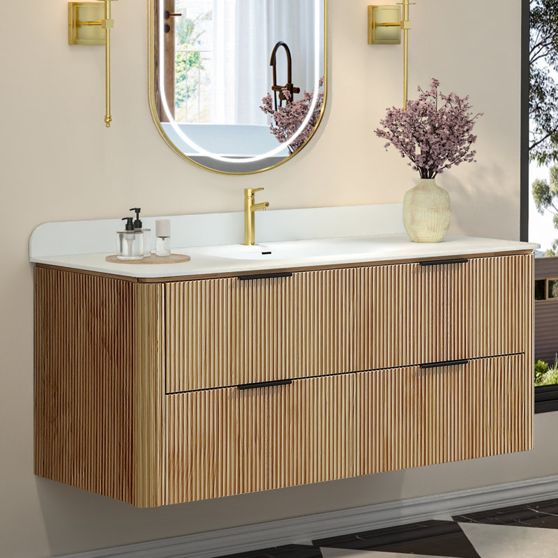 48 in. Wall-Mounted Bathroom Vanity in Oak Finish with Solid Wood Cabinet and One-Piece Acrylic Countertop, Oak, Black
