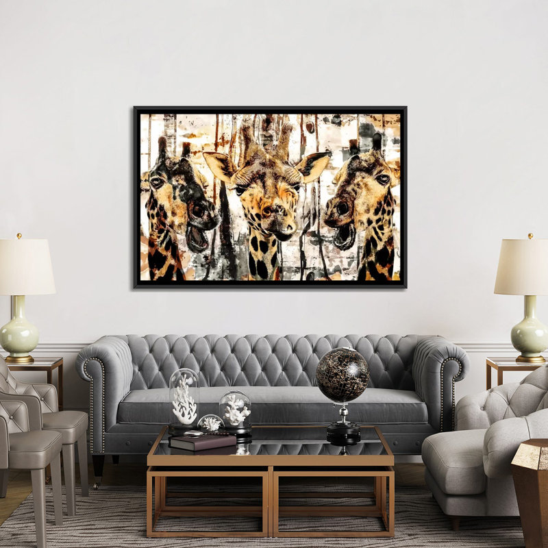 « girafes », impression sur toile tendue, H 18 po x l 26 po x P 1,5 po, Toile avec cadre flottant noir, Pas de tapis