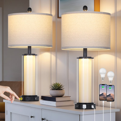 26” Modern Glass Touch Control Table Lamps with Dual USB Ports