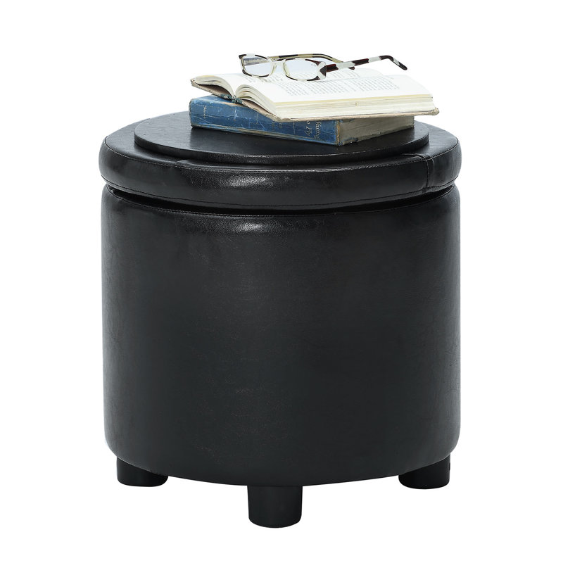 Repose-pieds de rangement rond en similicuir de 15,75 po avec couvercle réversible Ahl Arsy, Similicuir noir