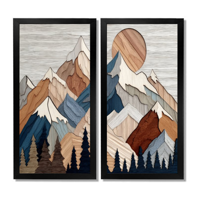Blue Orange Bold Mountains Landscape - Landscapes Framed Canvas Print, Blue Abstract Wall Art 2 Piece