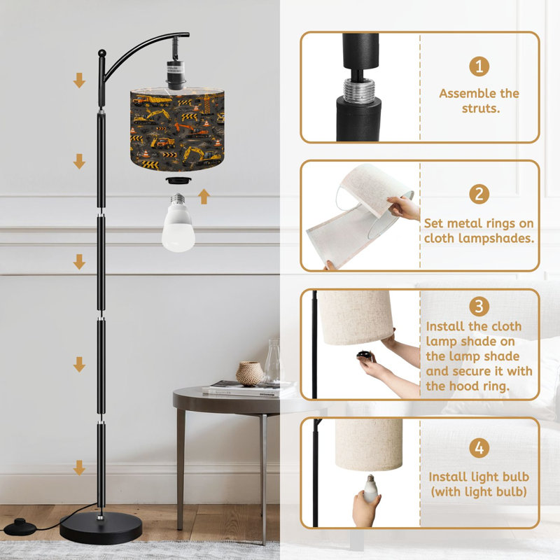  Arc Floor Lamp Construction Vehicles Equipment Yellow Cranes Dump Trucks Excavators Tall Modern Standing Lamp LED Adjustable Linen Lampshade 3 Color Temperatures