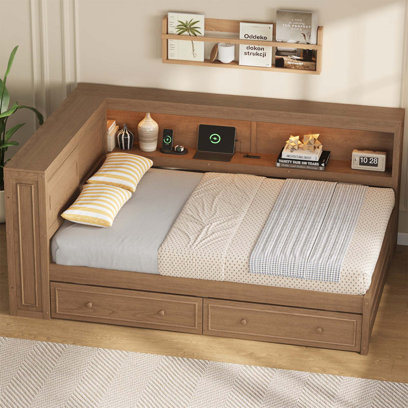 Lit de jour en bois pleine grandeur avec rangement, USB, DEL et 2 tiroirs, parfait pour une vie moderne et efficace, Bois