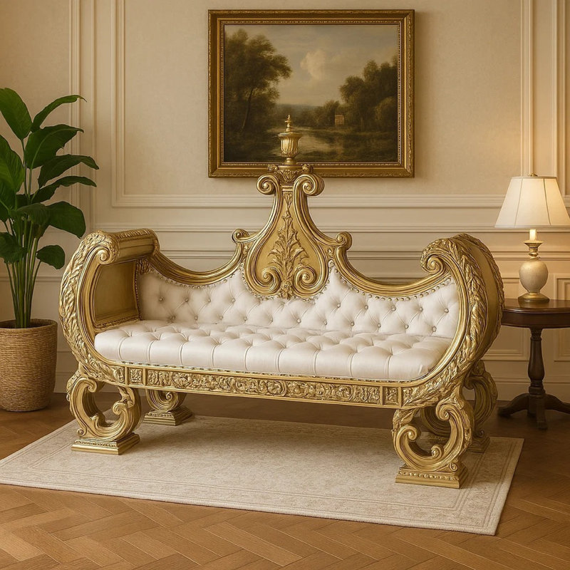 Banc Rexx 71 pouces, sculptures ornées d'or, similicuir blanc